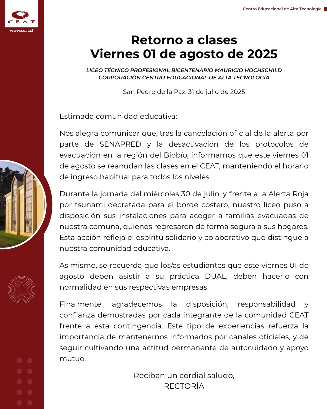Retorno a clases Viernes 01 de agosto de 2025